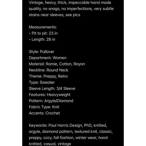 VTG PHD Womens Hand Knitted Chunky Sweater Textured M Brown Cream Argyle Neutral - Picture 11 of 11